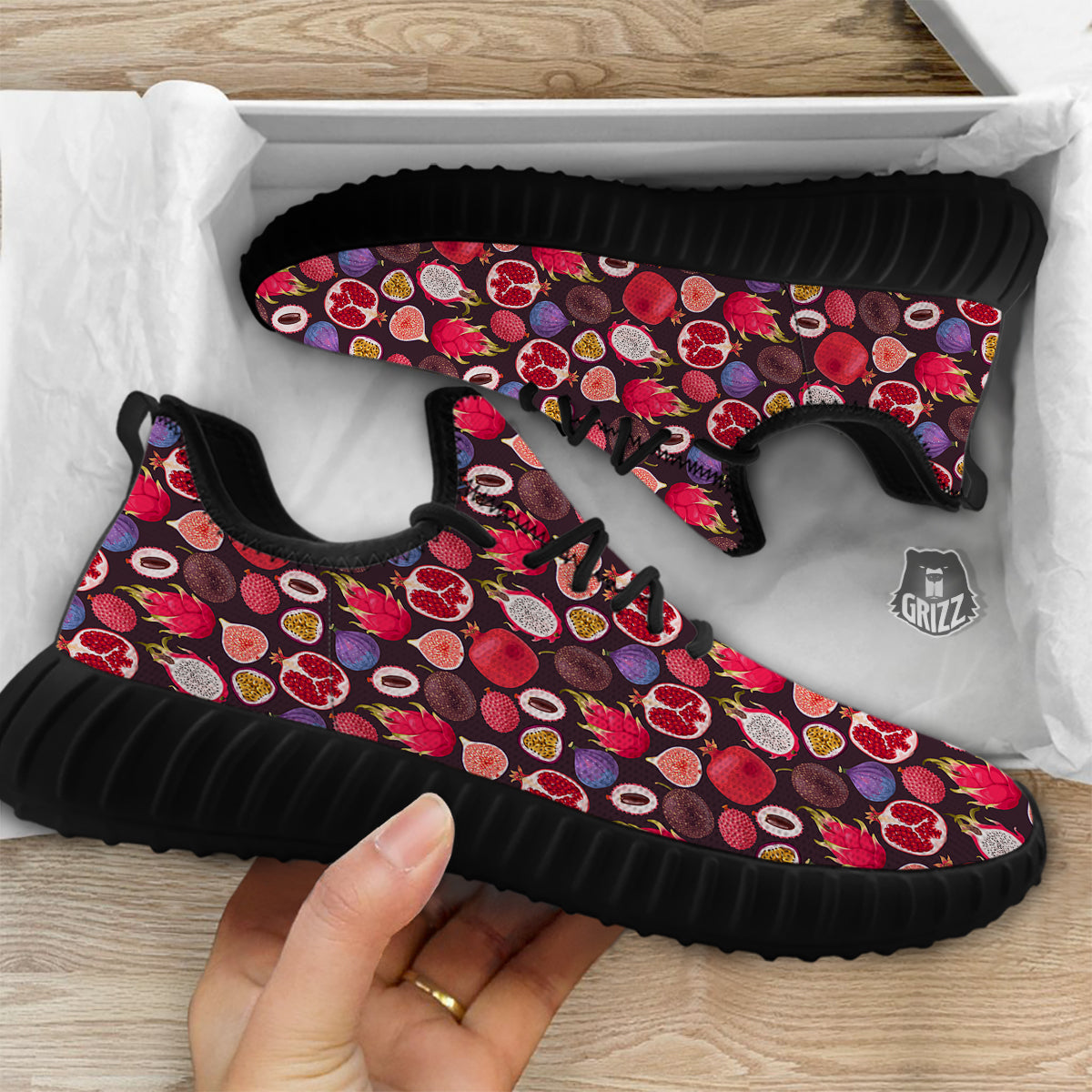 Friut Exotic Print Pattern Black Walking Shoes-grizzshop