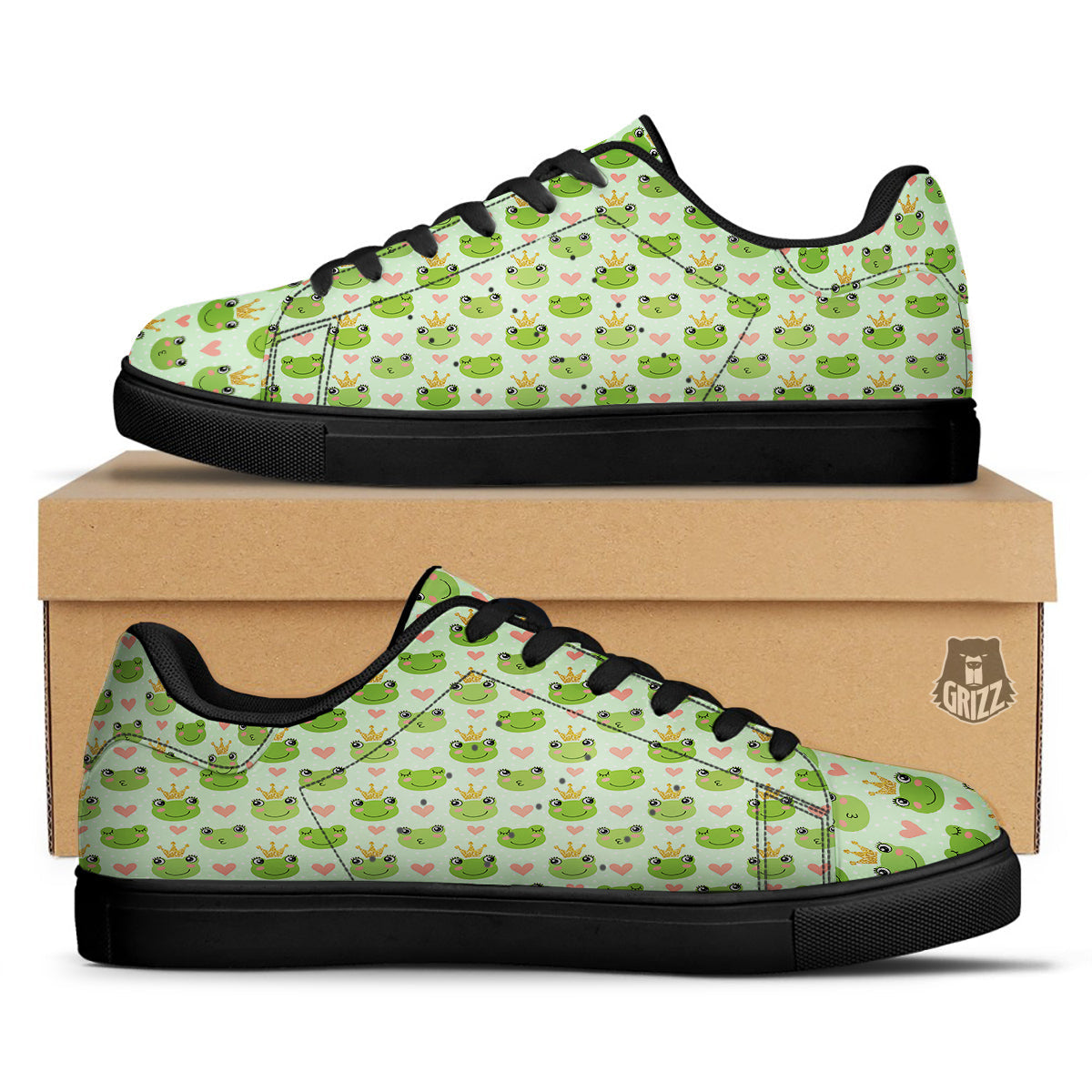 Frog Cute Print Pattern Black Low Top Sneakers-grizzshop