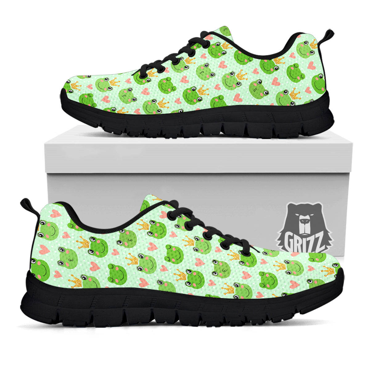 Frog Cute Print Pattern Black Sneaker-grizzshop