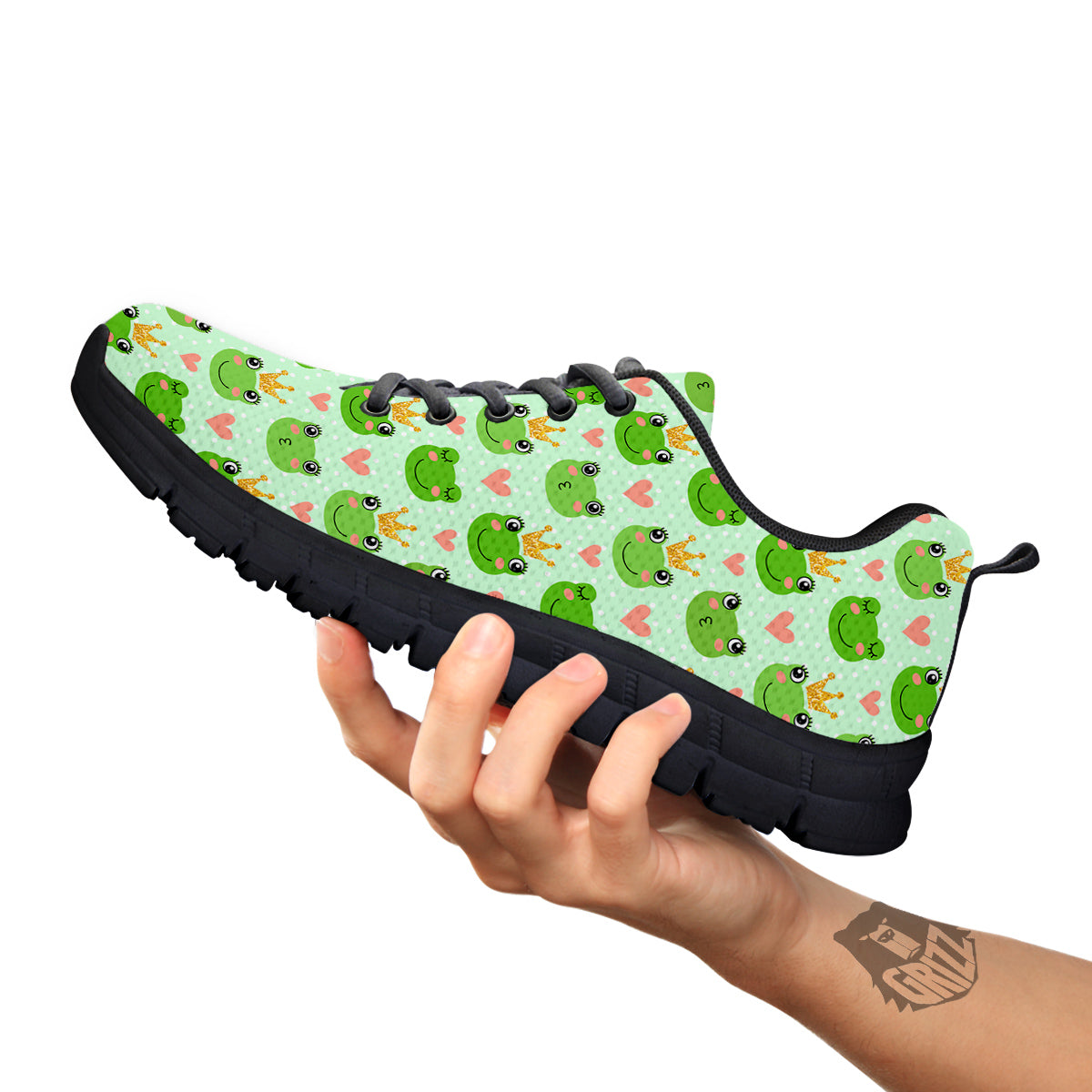 Frog Cute Print Pattern Black Sneaker-grizzshop