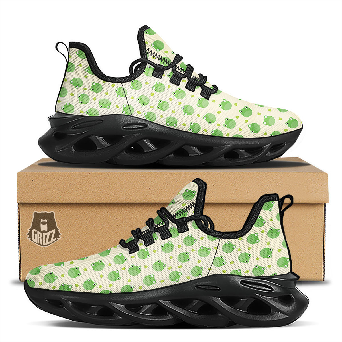 Frog Faces Print Pattern Black Running Shoes-grizzshop