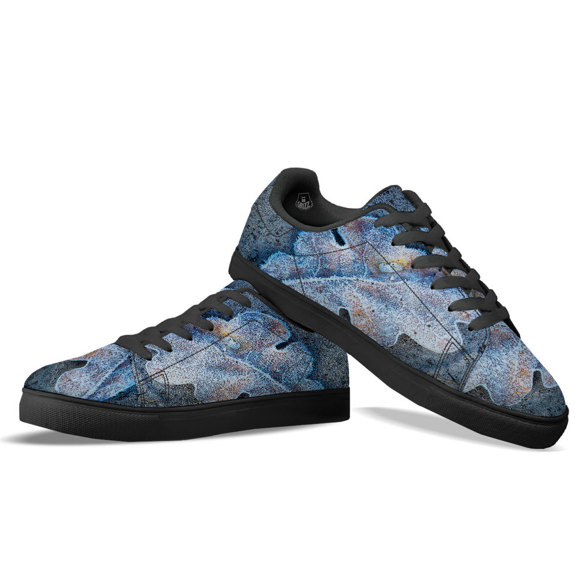Frozen Leaf Oak Print Black Low Top Sneakers-grizzshop