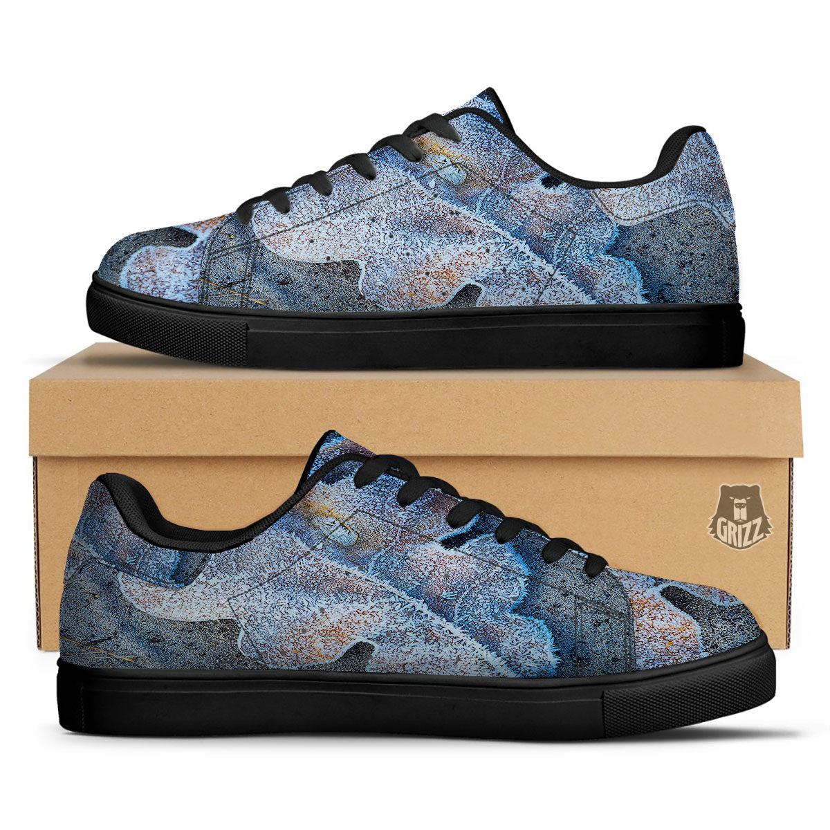 Frozen Leaf Oak Print Black Low Top Sneakers-grizzshop