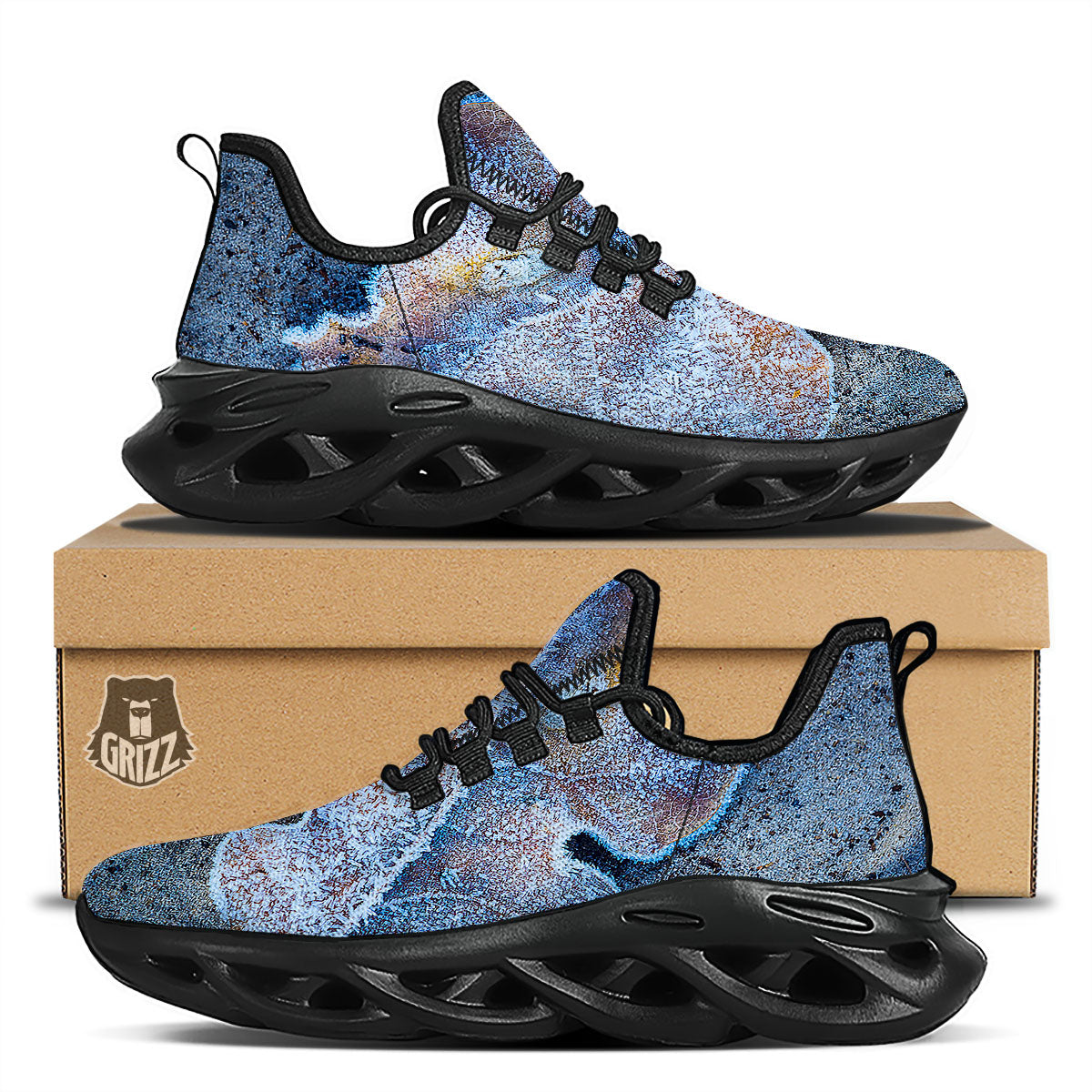 Frozen Leaf Oak Print Black Running Shoes-grizzshop