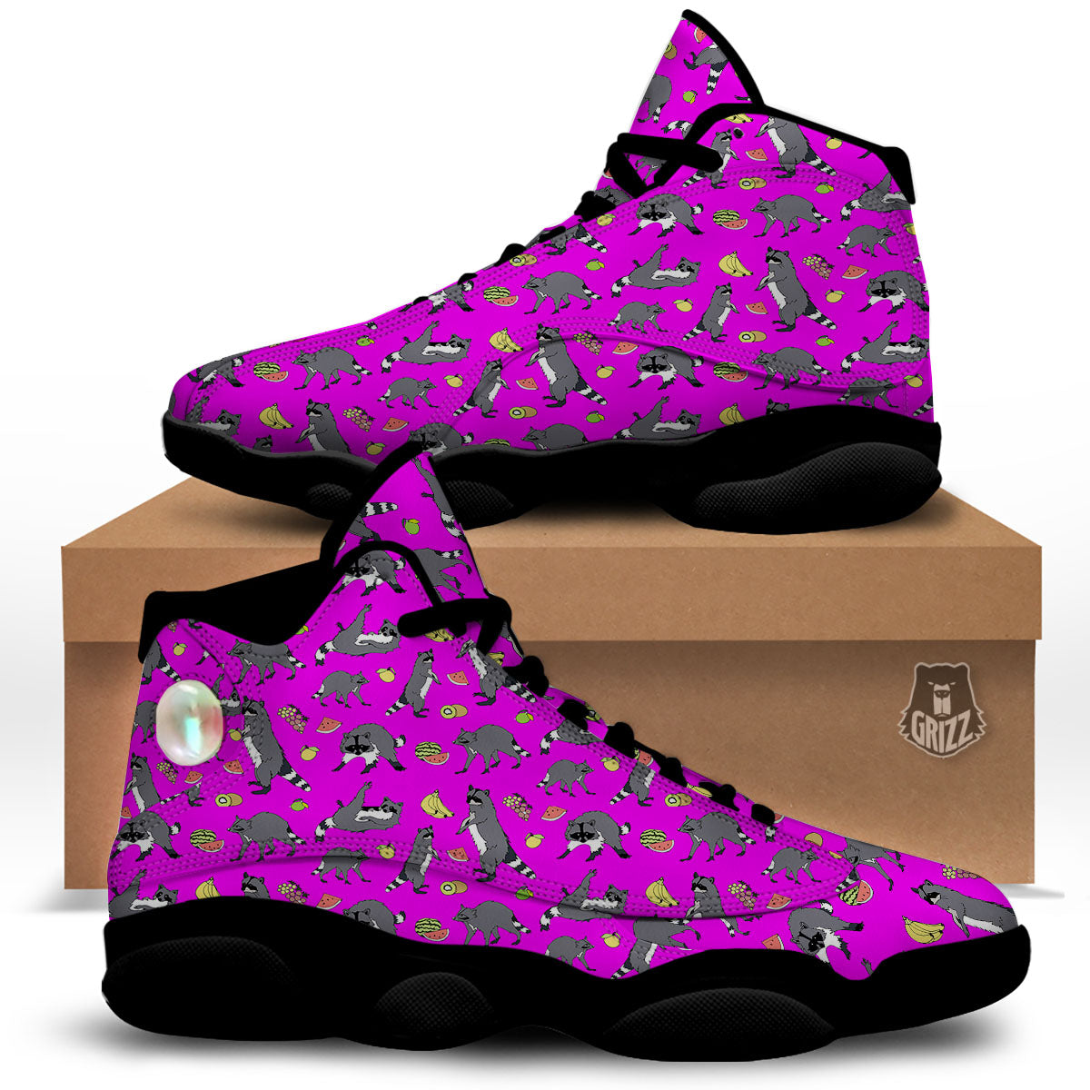 Fruit And Raccoon Print Pattern Black Basketball Shoes-grizzshop