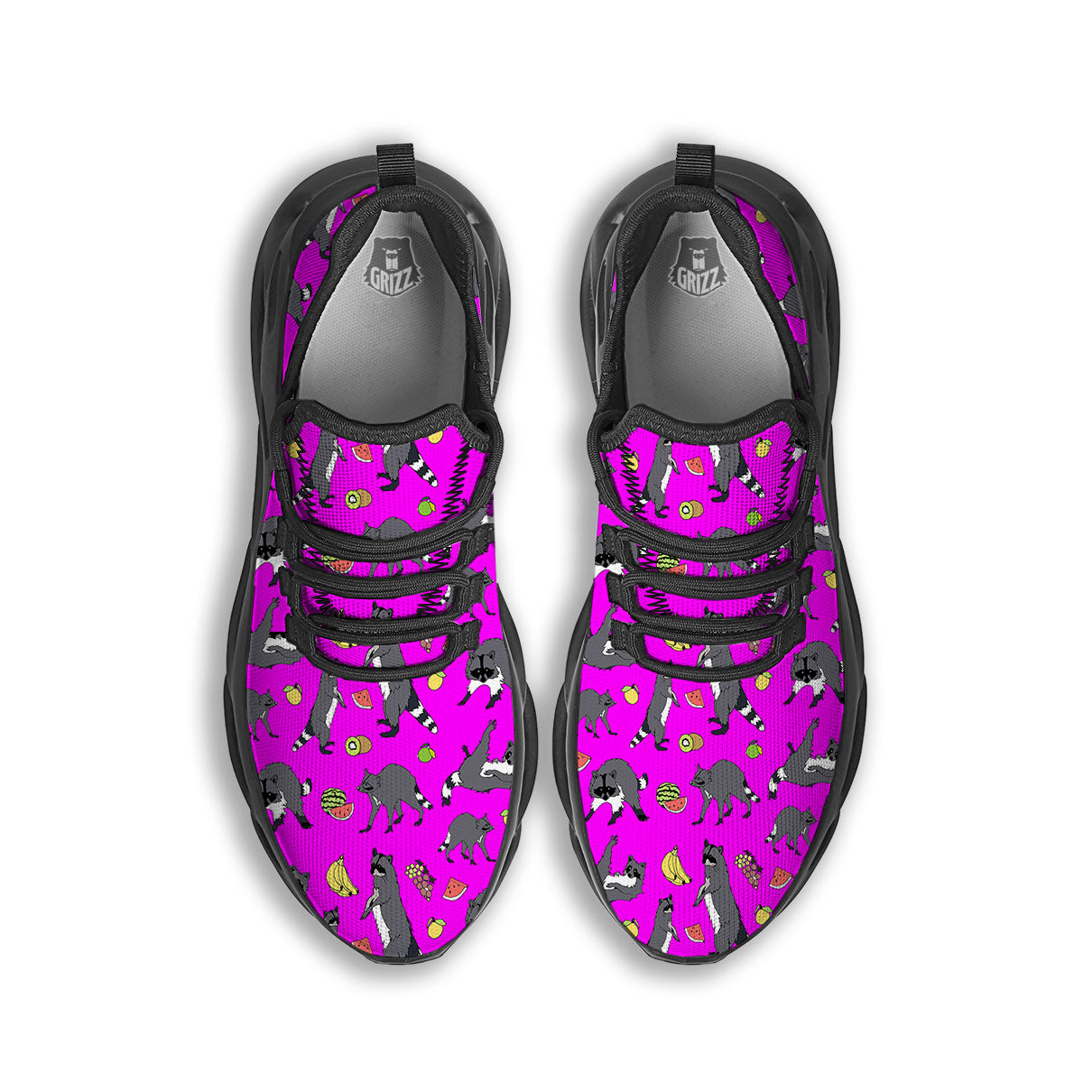 Fruit And Raccoon Print Pattern Black Running Shoes-grizzshop