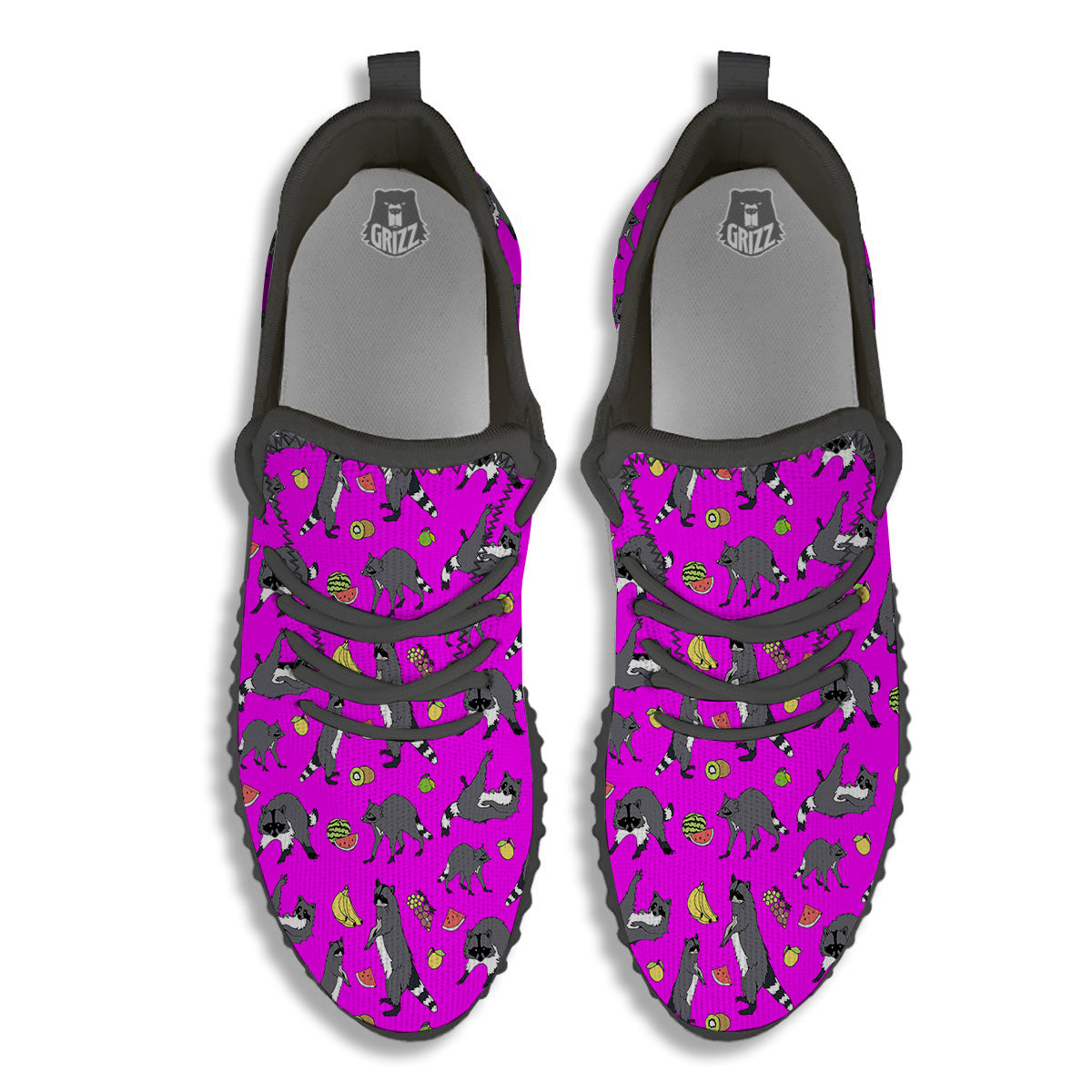 Fruit And Raccoon Print Pattern Black Walking Shoes-grizzshop