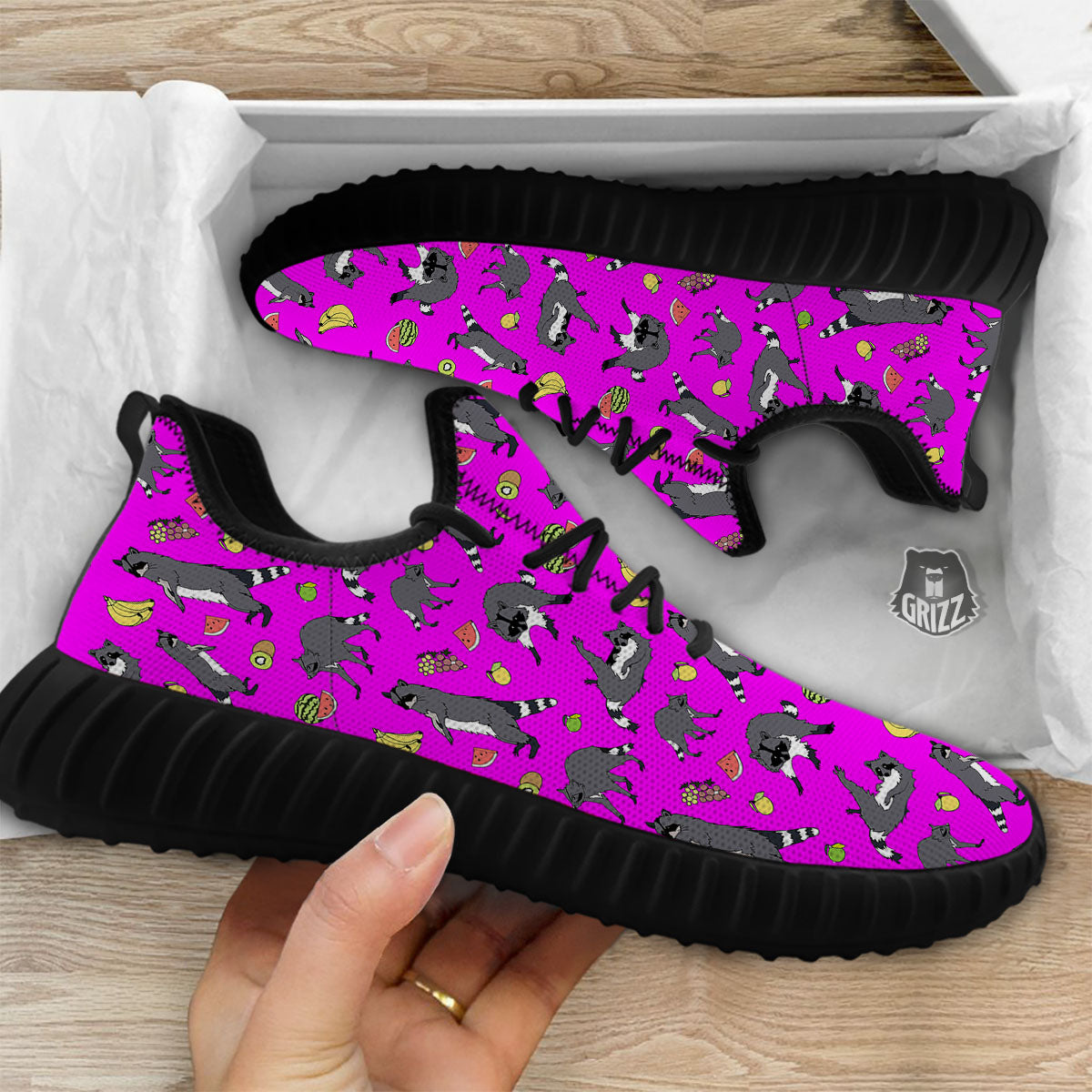 Fruit And Raccoon Print Pattern Black Walking Shoes-grizzshop