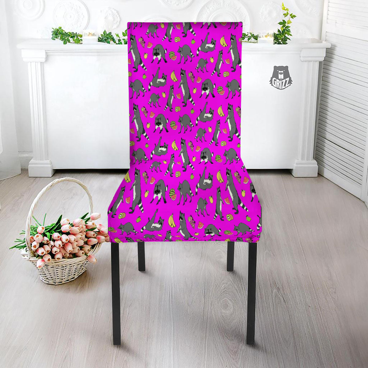 Fruit And Raccoon Print Pattern Dining Chair Slipcover-grizzshop