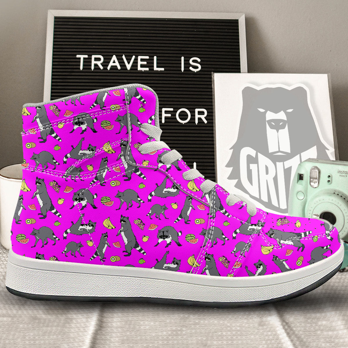 Fruit And Raccoon Print Pattern High Top Sneakers-grizzshop