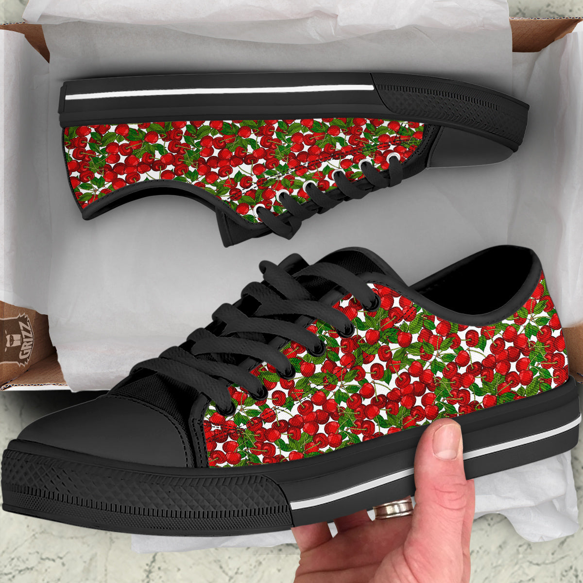 Fruit Cherry Print Pattern Black Low Top Shoes-grizzshop