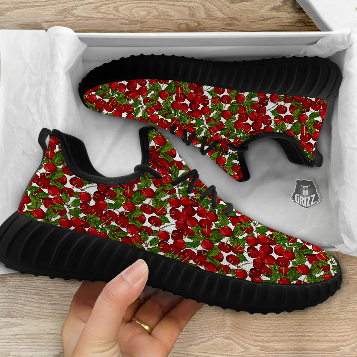 Fruit Cherry Print Pattern Black Walking Shoes-grizzshop