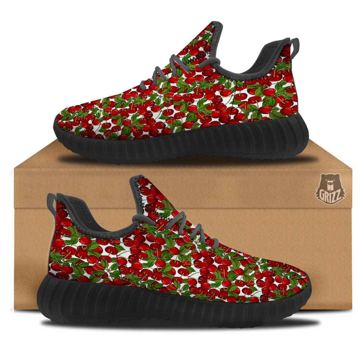 Fruit Cherry Print Pattern Black Walking Shoes-grizzshop