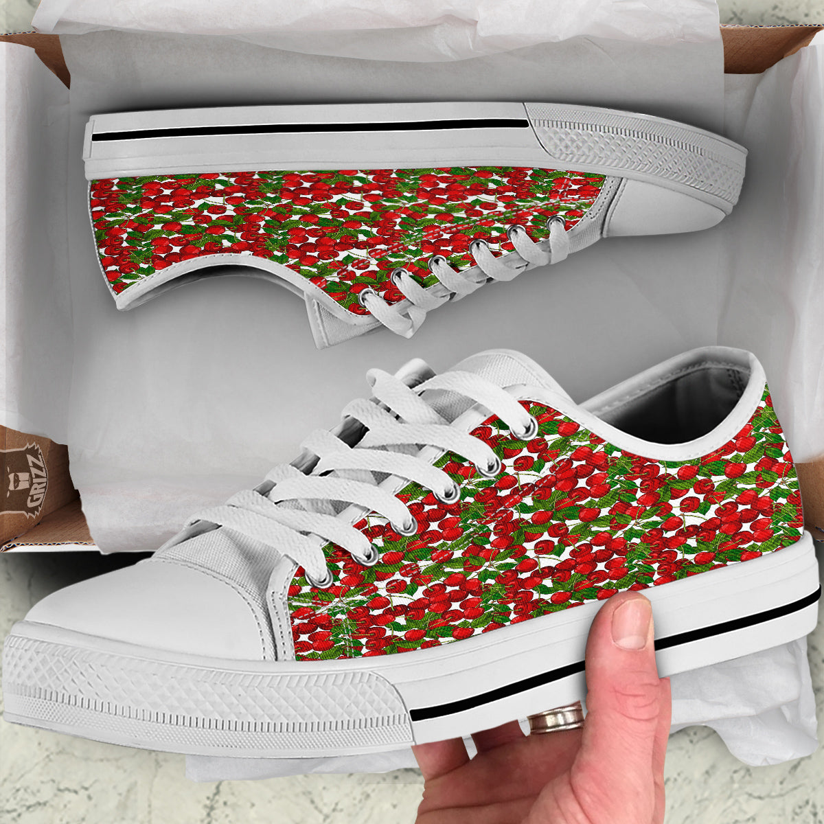 Fruit Cherry Print Pattern White Low Top Shoes-grizzshop