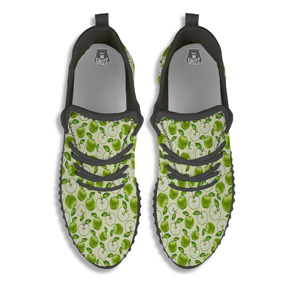 Fruit Green Apple Print Pattern Black Walking Shoes-grizzshop