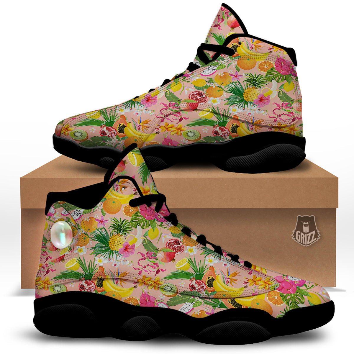 Fruit Leaf Tropical Print Pattern Black Basketball Shoes-grizzshop