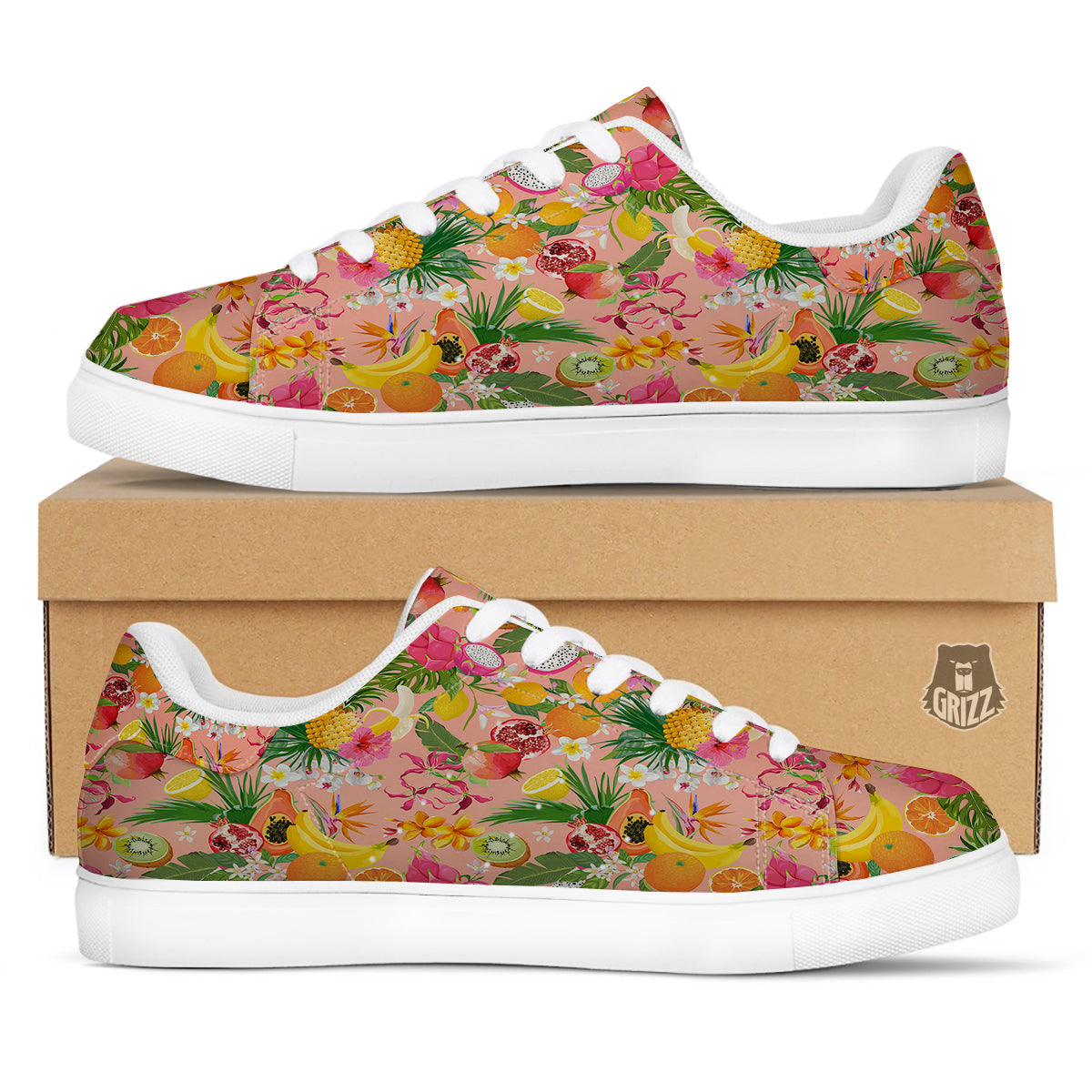Fruit Leaf Tropical Print Pattern White Low Top Sneakers-grizzshop