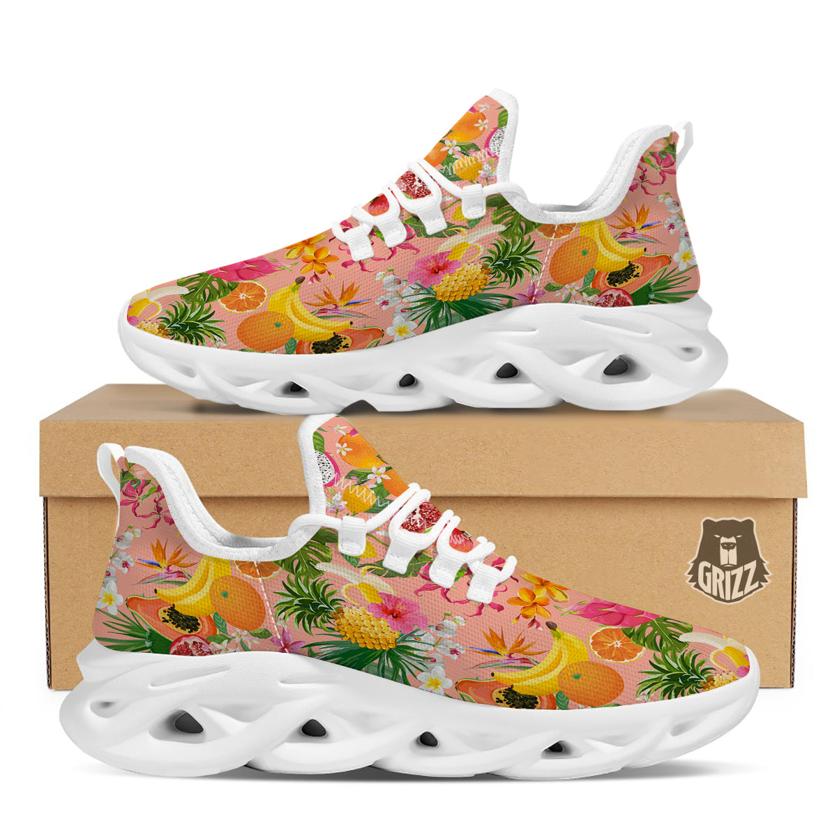 Fruit Leaf Tropical Print Pattern White Running Shoes-grizzshop