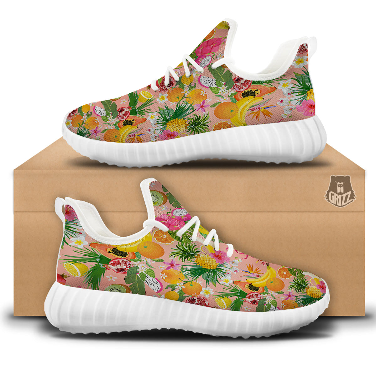 Fruit Leaf Tropical Print Pattern White Walking Shoes-grizzshop