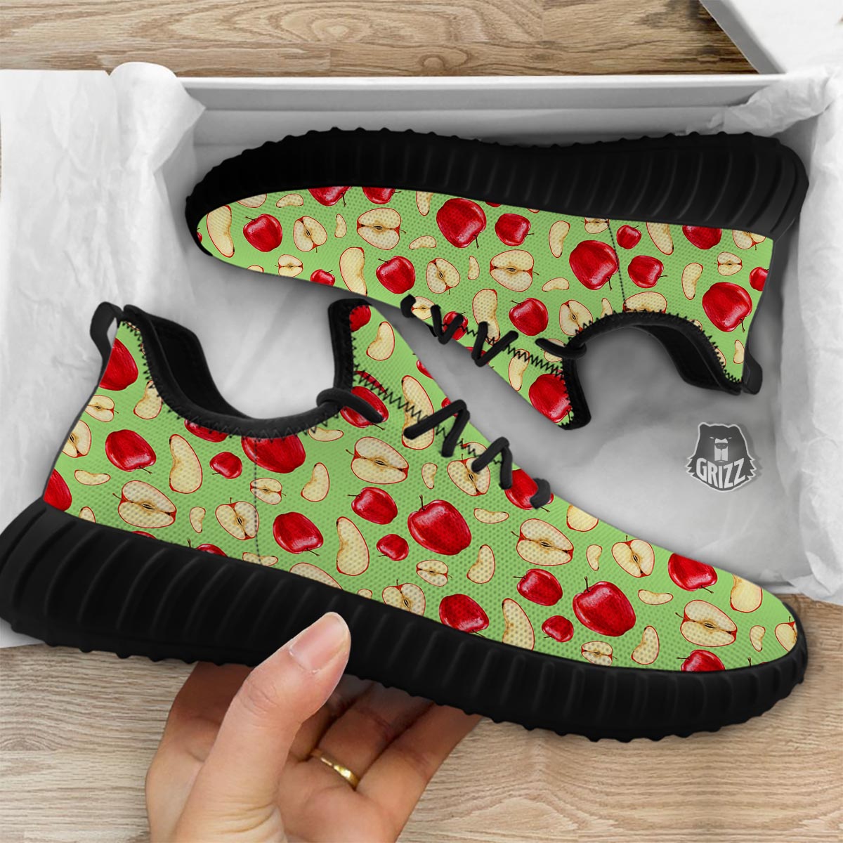 Fruit Red Apple Print Pattern Black Walking Shoes-grizzshop