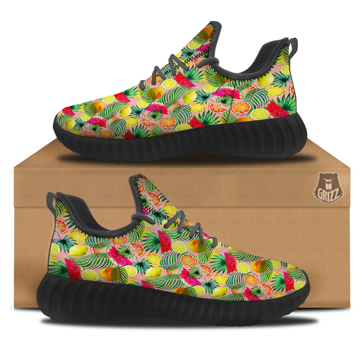 Fruits Cute Tropical Print Pattern Black Walking Shoes-grizzshop