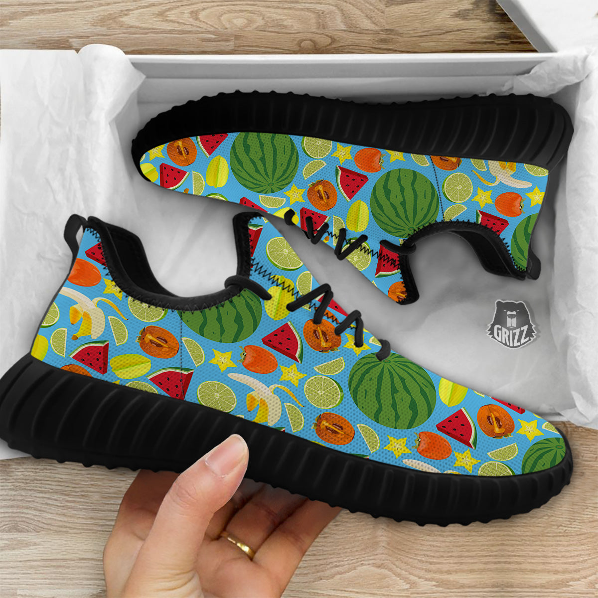Fruits Depicting Print Pattern Black Walking Shoes-grizzshop