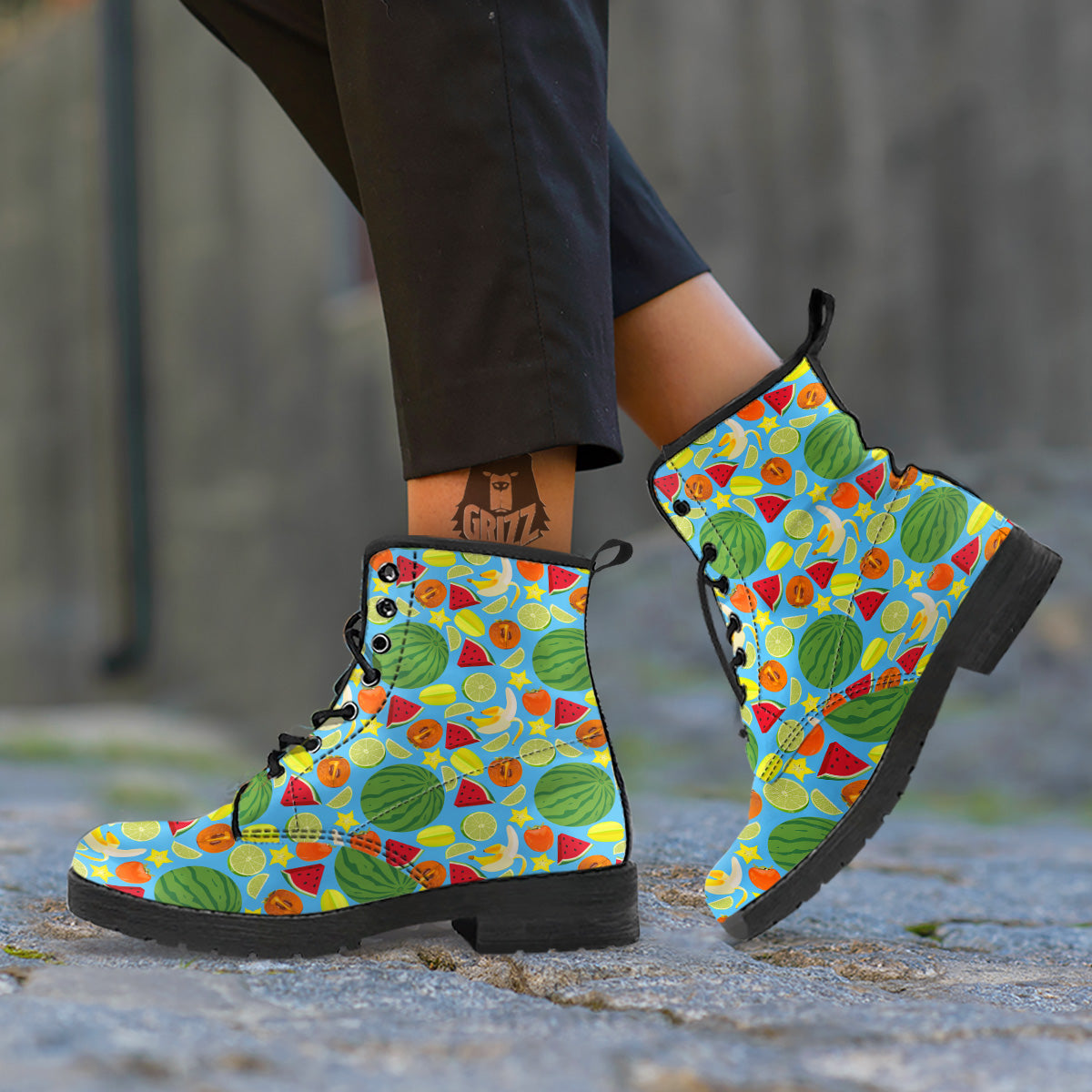 Fruits Depicting Print Pattern Leather Boots-grizzshop