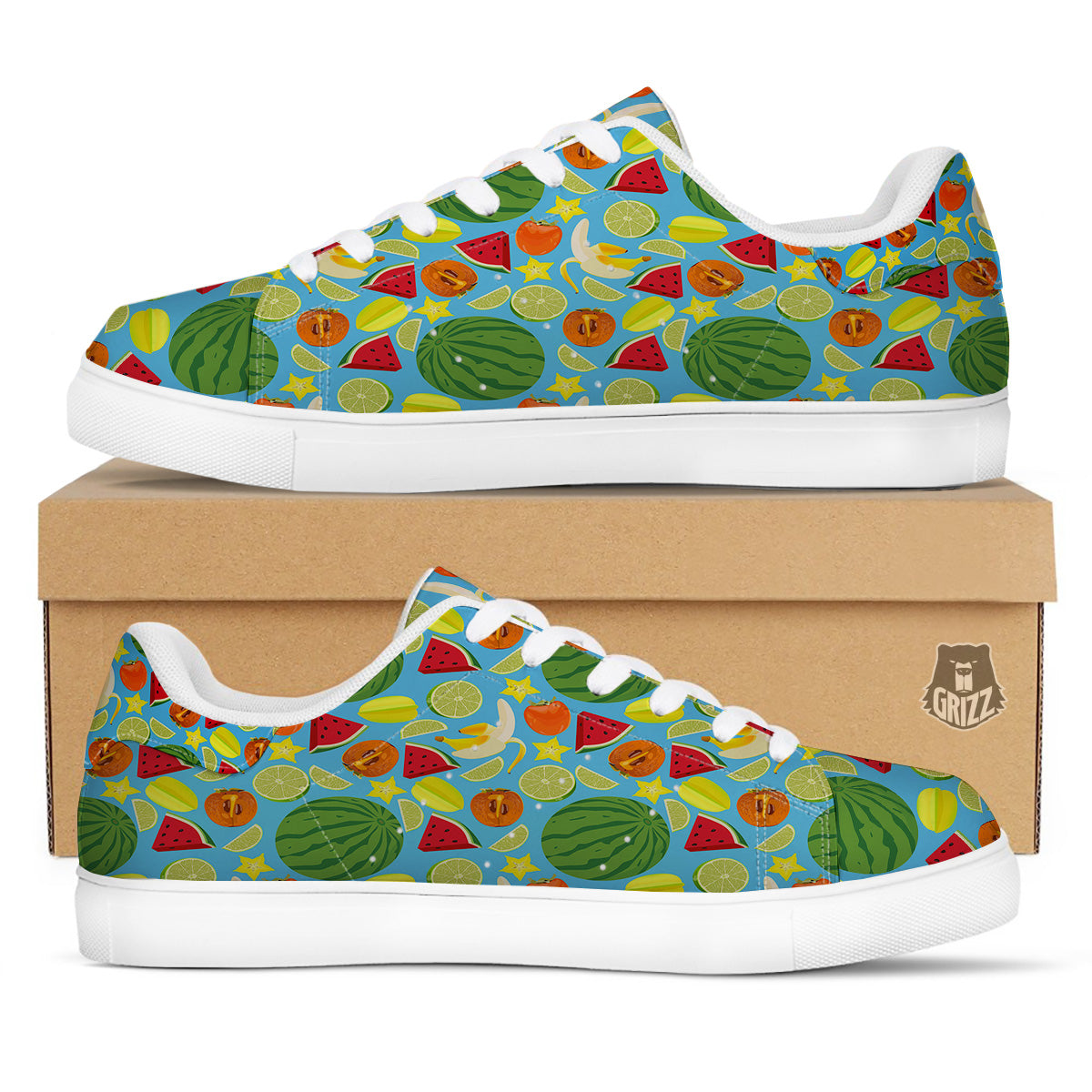 Fruits Depicting Print Pattern White Low Top Sneakers-grizzshop