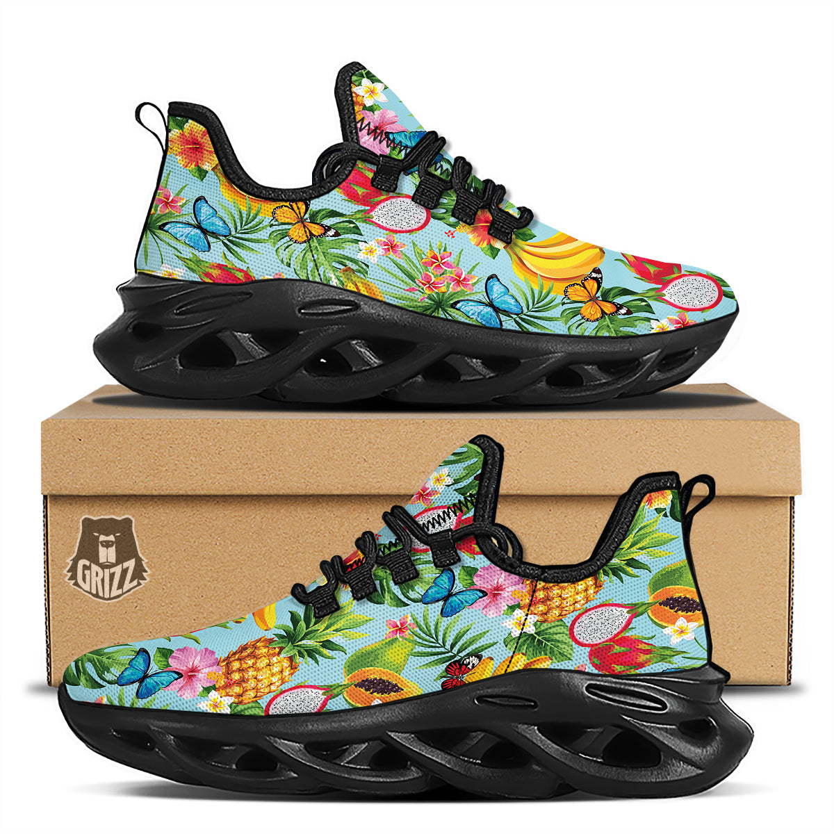 Fruits Jungle Tropical Print Pattern Black Running Shoes-grizzshop
