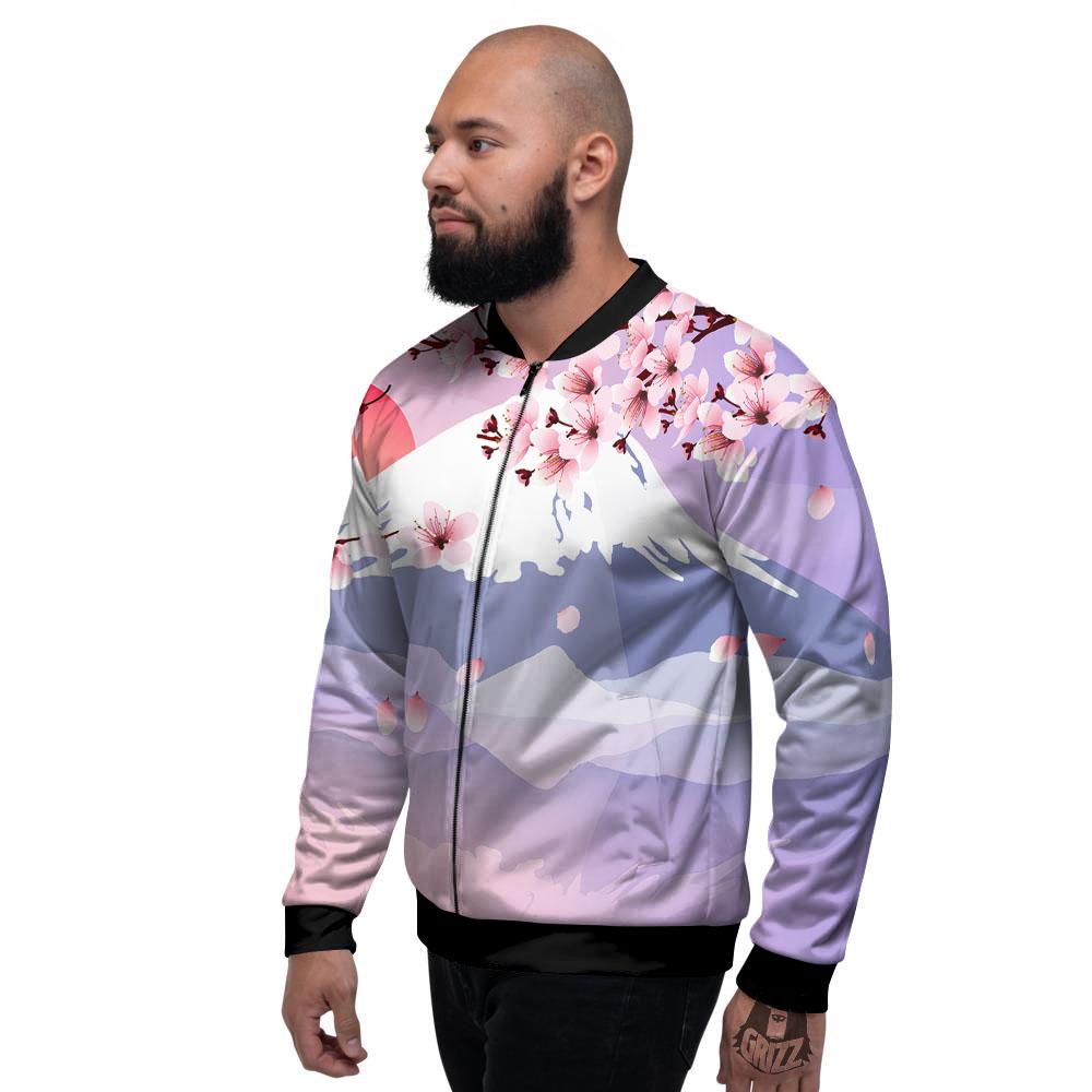 Fuji Mount And Cherry Blossom Print Men's Bomber Jacket-grizzshop