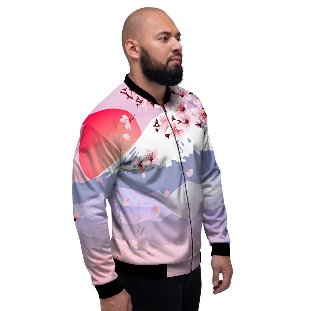 Fuji Mount And Cherry Blossom Print Men's Bomber Jacket-grizzshop