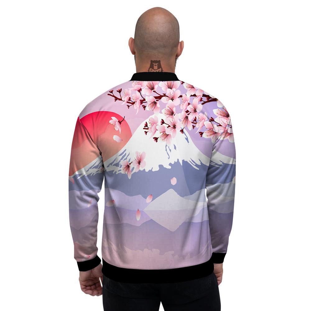 Fuji Mount And Cherry Blossom Print Men's Bomber Jacket-grizzshop