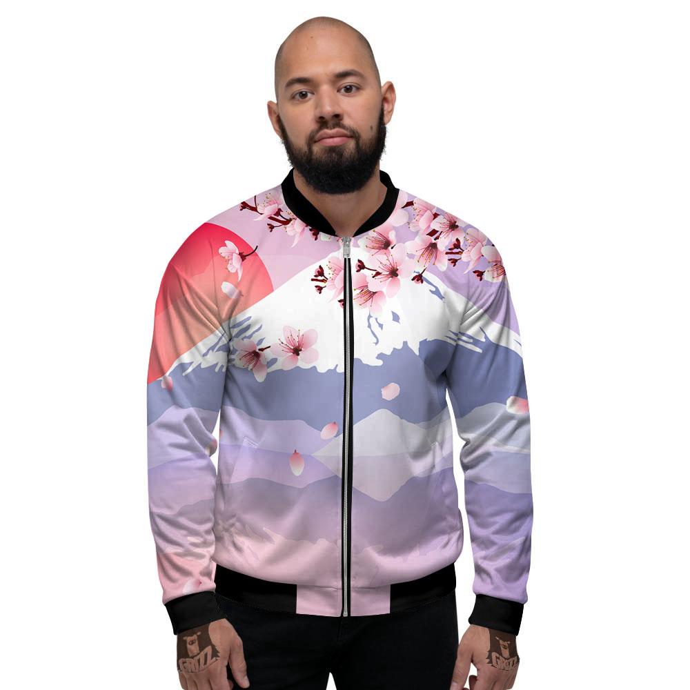 Fuji Mount And Cherry Blossom Print Men's Bomber Jacket-grizzshop