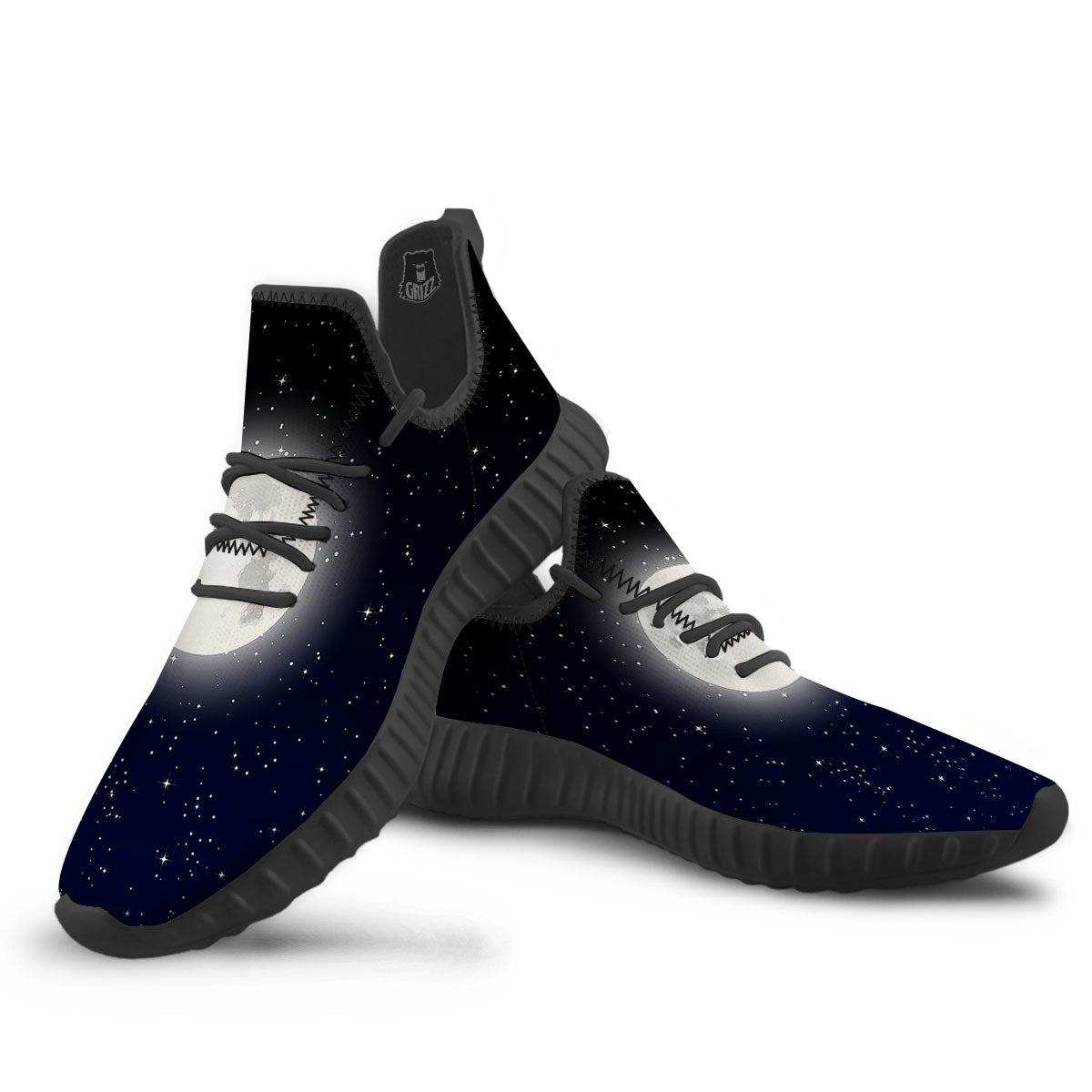 Full Moon And Night Stars Print Black Walking Shoes-grizzshop