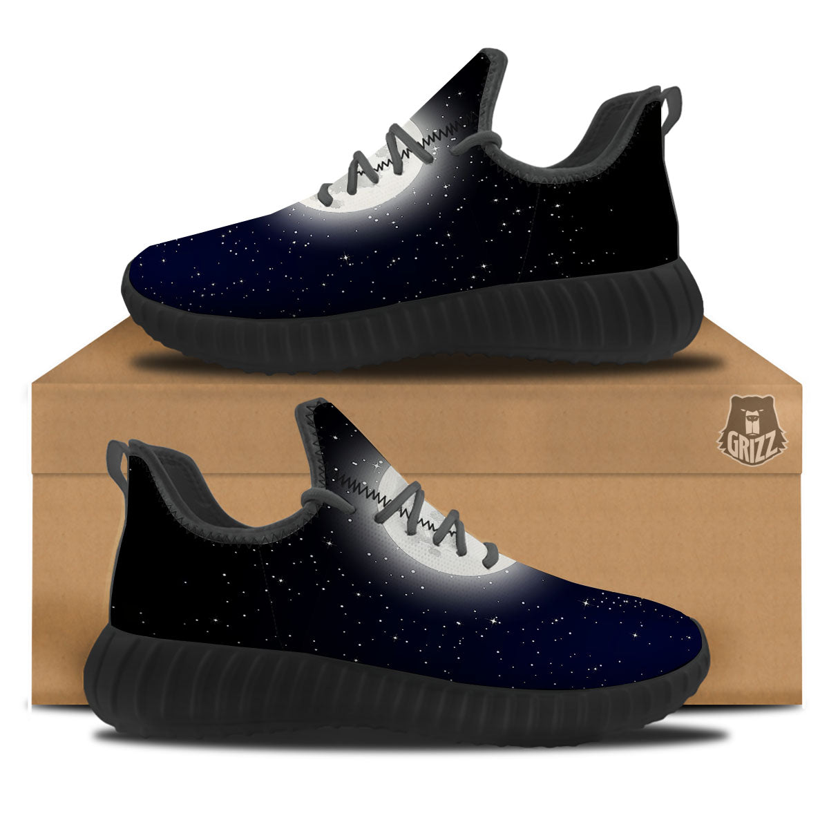 Full Moon And Night Stars Print Black Walking Shoes-grizzshop