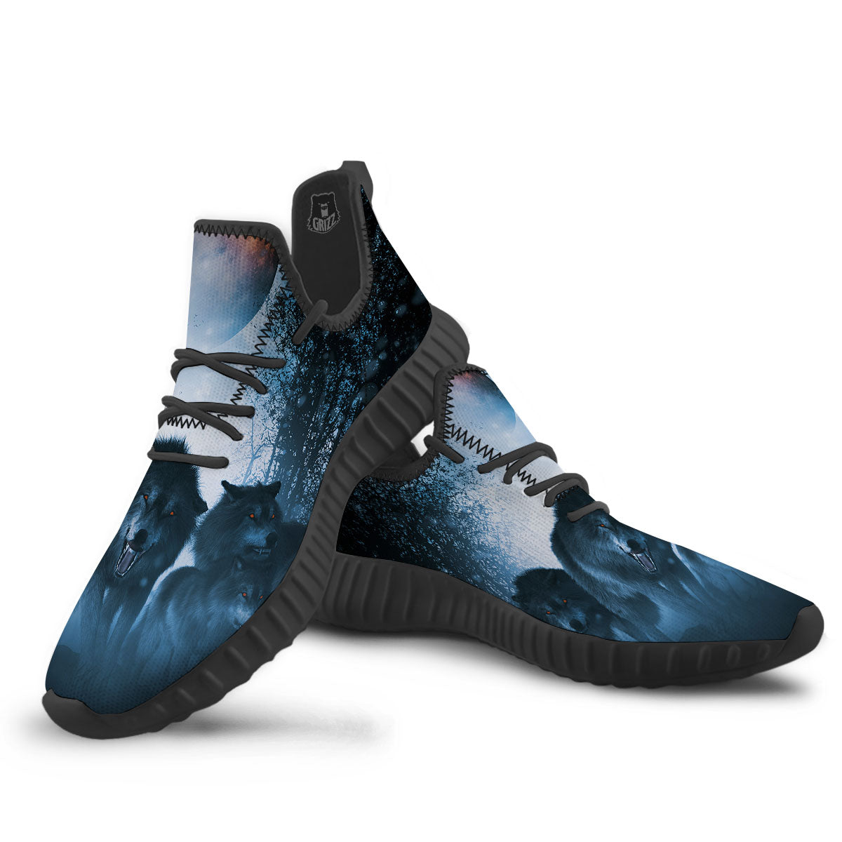 Full Moon And Wolf In The Forest Print Black Walking Shoes-grizzshop