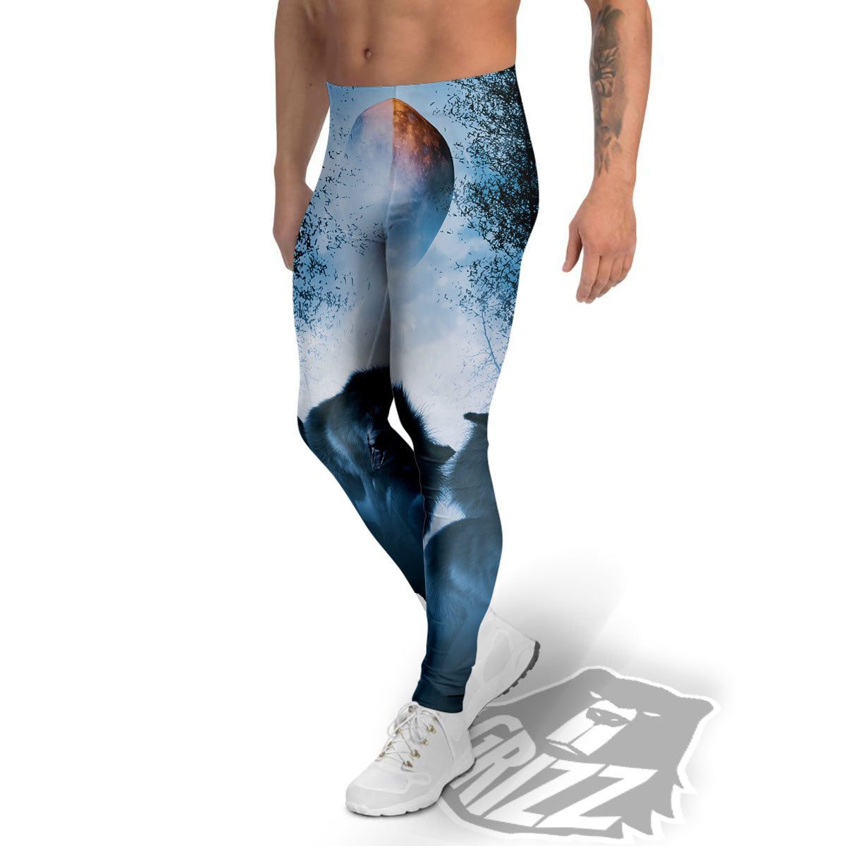 Full Moon And Wolf In The Forest Print Men's Leggings-grizzshop