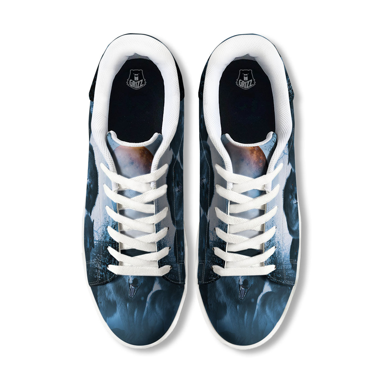 Full Moon And Wolf In The Forest Print White Low Top Sneakers-grizzshop