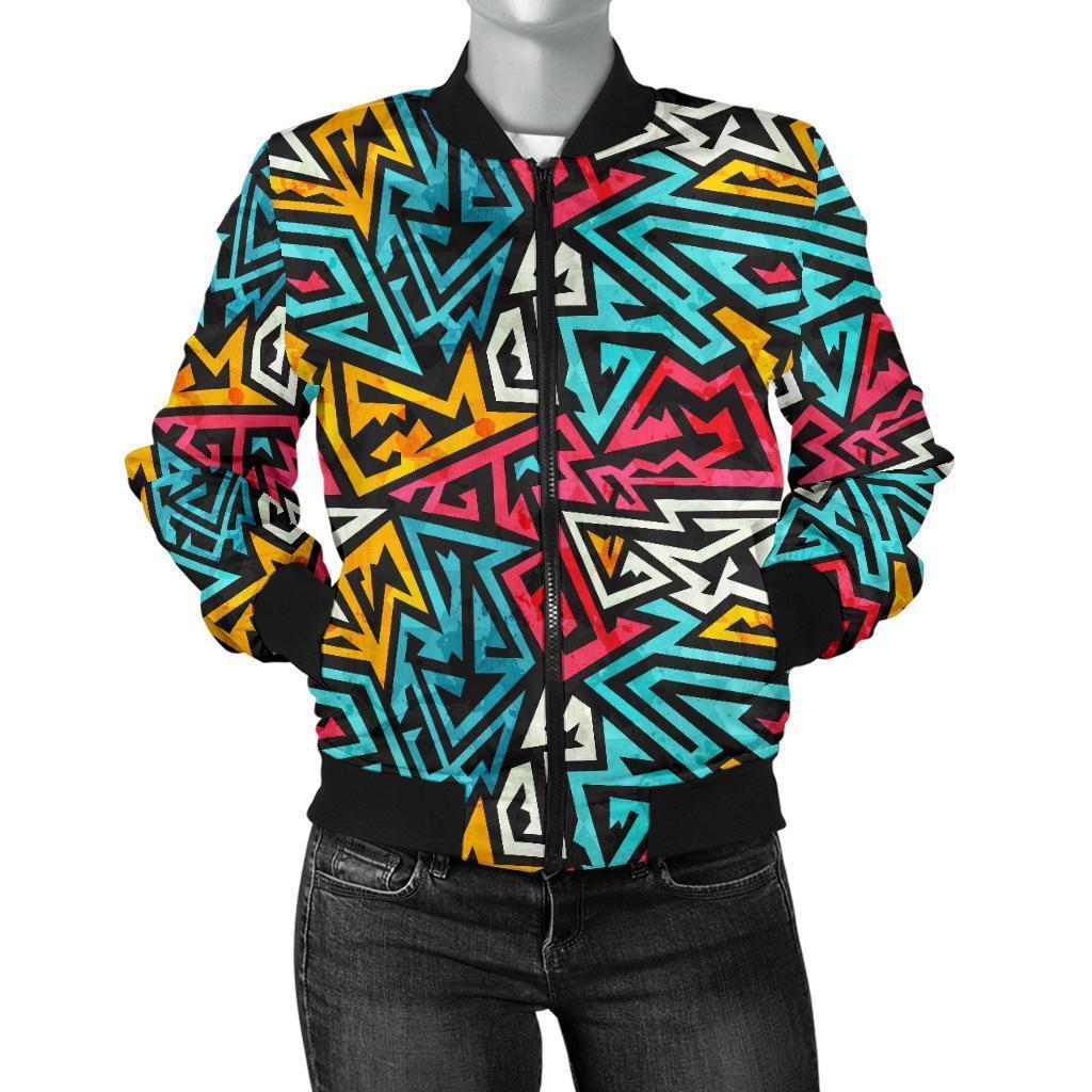 Funky Print Pattern Women Casual Bomber Jacket-grizzshop
