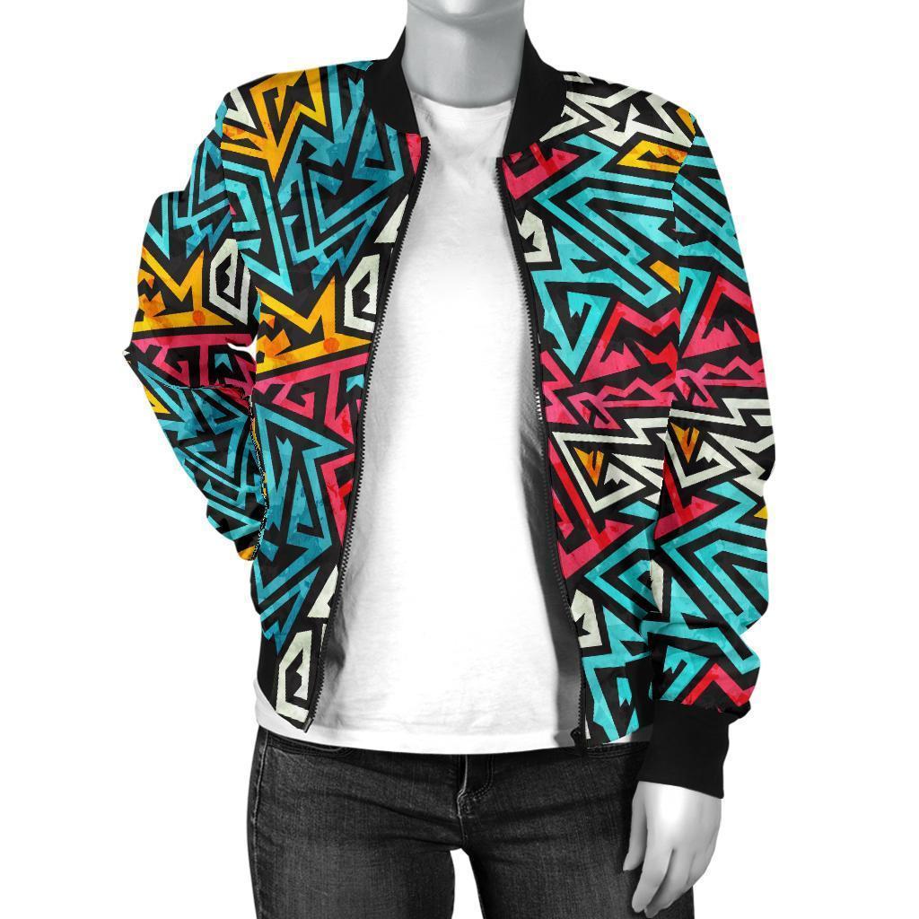 Funky Print Pattern Women Casual Bomber Jacket-grizzshop