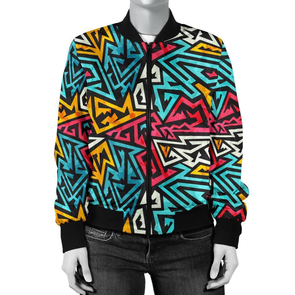 Funky Print Pattern Women Casual Bomber Jacket-grizzshop