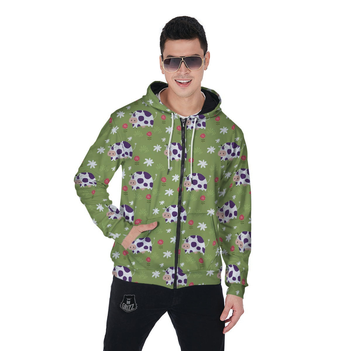 Funny Cow For Kids Men's Zip Up Hoodie-grizzshop