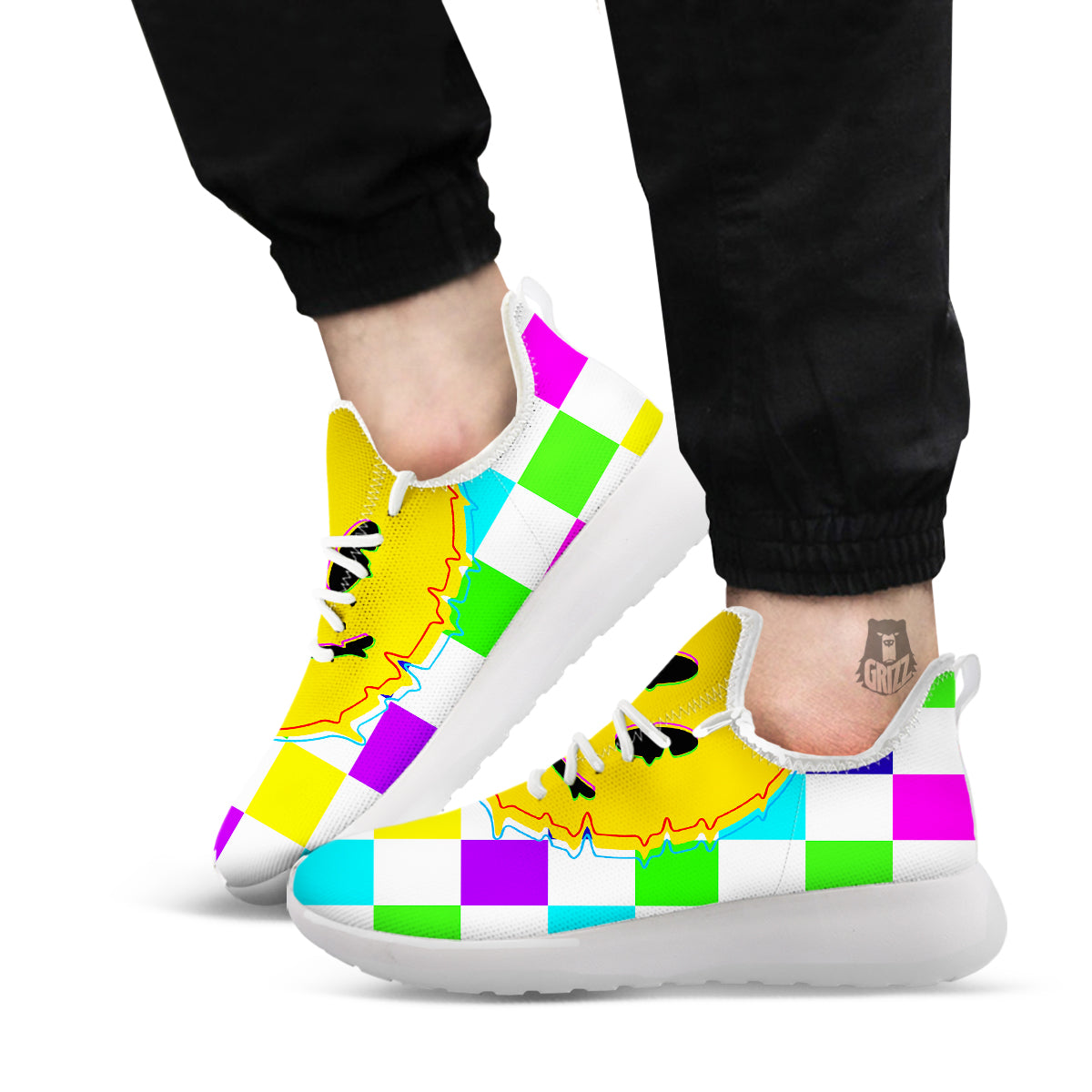 Funny Crazy Glitch And Checkered Neon Print White Athletic Shoes-grizzshop