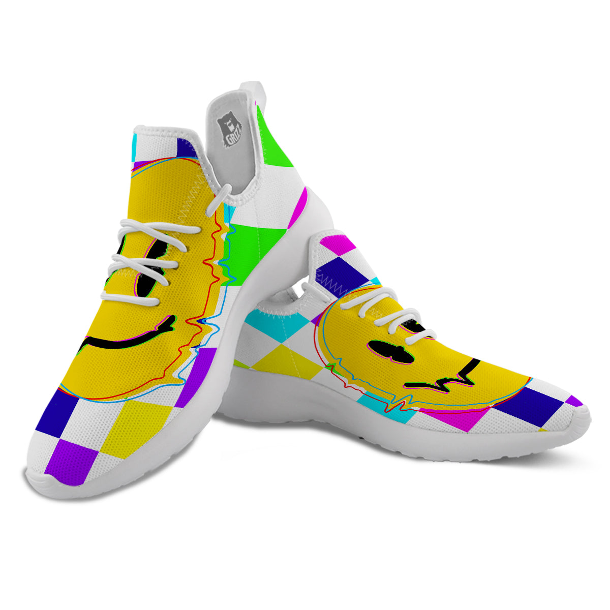 Funny Crazy Glitch And Checkered Neon Print White Athletic Shoes-grizzshop