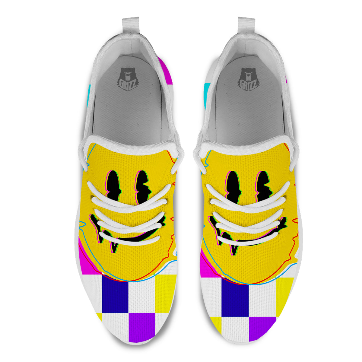 Funny Crazy Glitch And Checkered Neon Print White Athletic Shoes-grizzshop