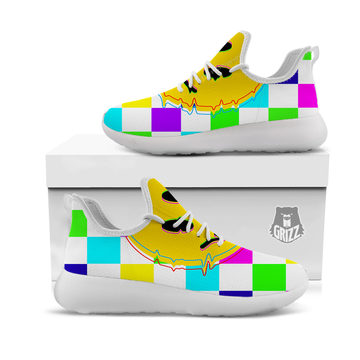 Funny Crazy Glitch And Checkered Neon Print White Athletic Shoes-grizzshop