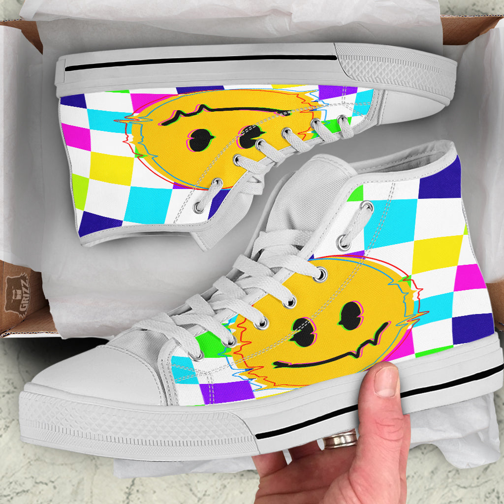 Funny Crazy Glitch And Checkered Neon Print White High Top Shoes-grizzshop