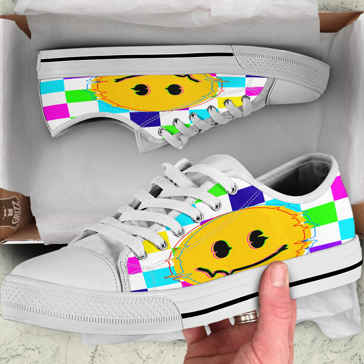 Funny Crazy Glitch And Checkered Neon Print White Low Top Shoes-grizzshop