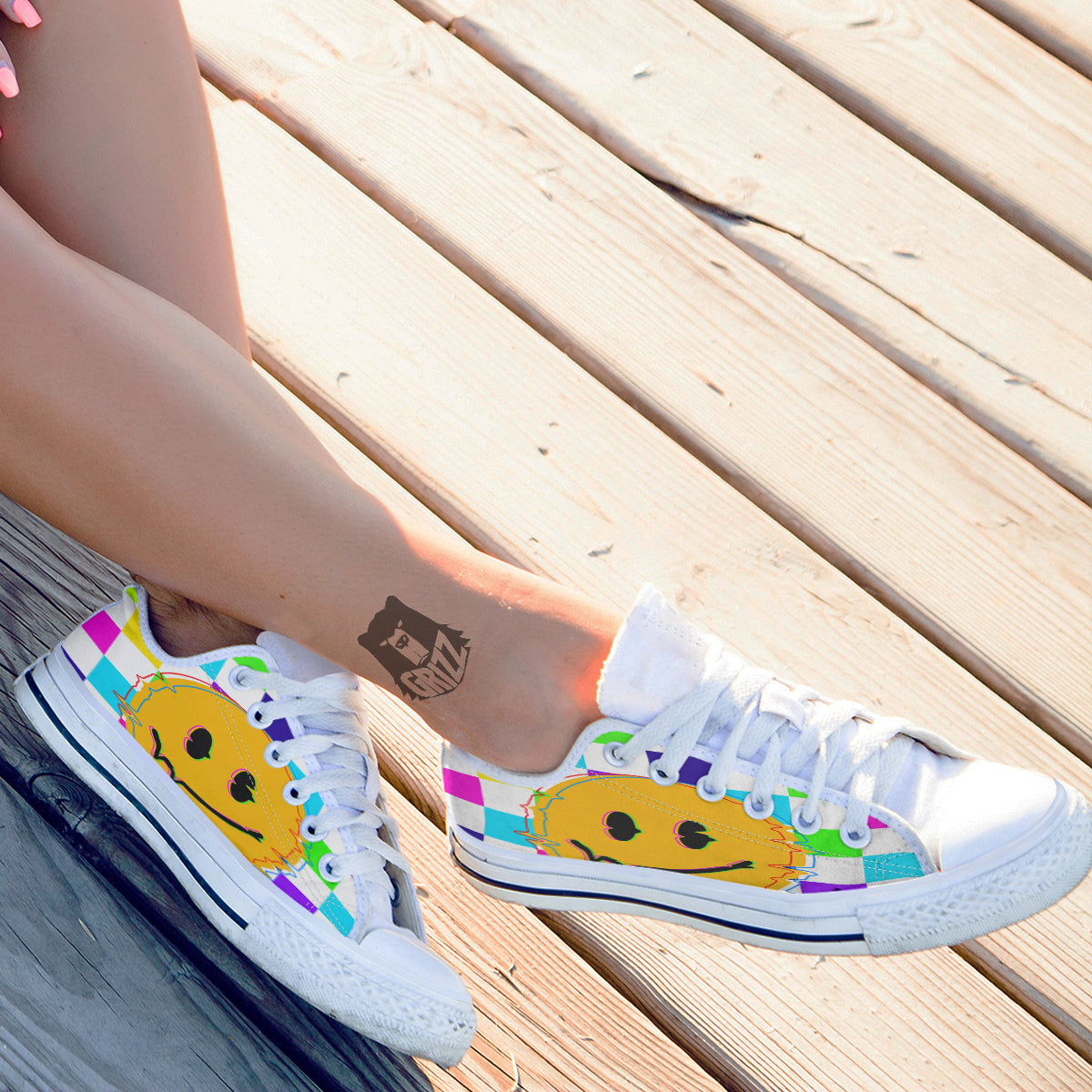 Funny Crazy Glitch And Checkered Neon Print White Low Top Shoes-grizzshop