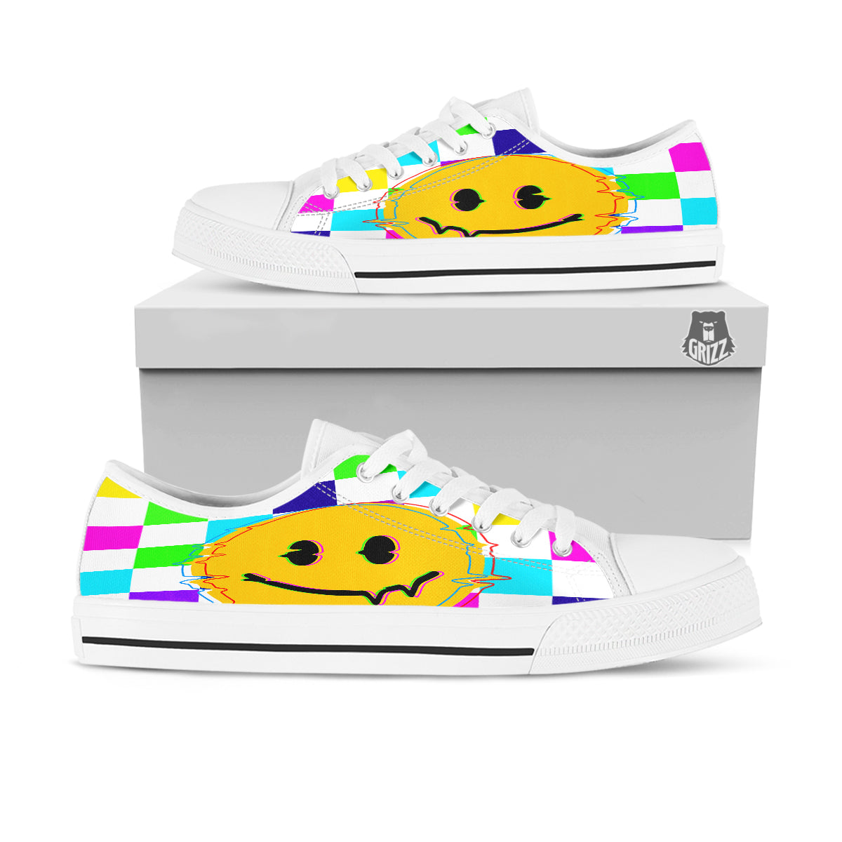 Funny Crazy Glitch And Checkered Neon Print White Low Top Shoes-grizzshop